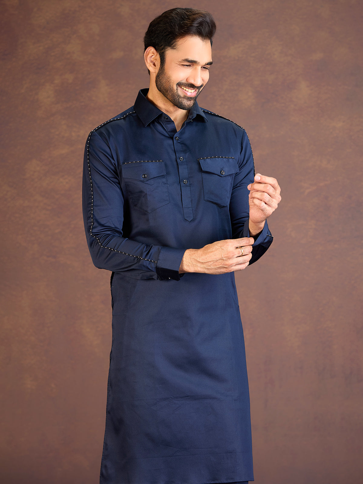 Navy satin cotton lycra pathani suit for men