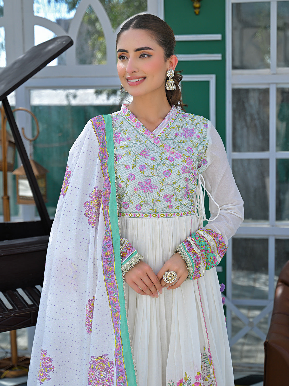 White cotton linen printed anarkali festive set with dupatta