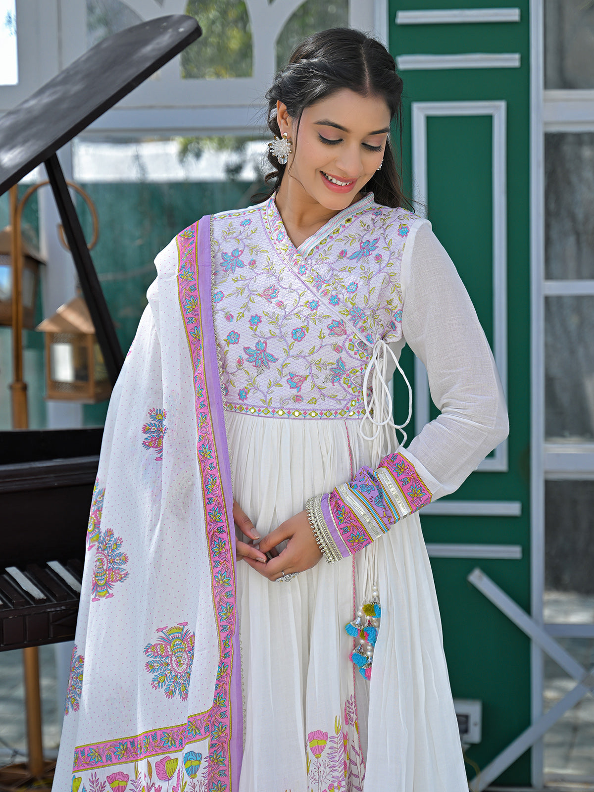 White and purple cotton linen printed anarkali festive set