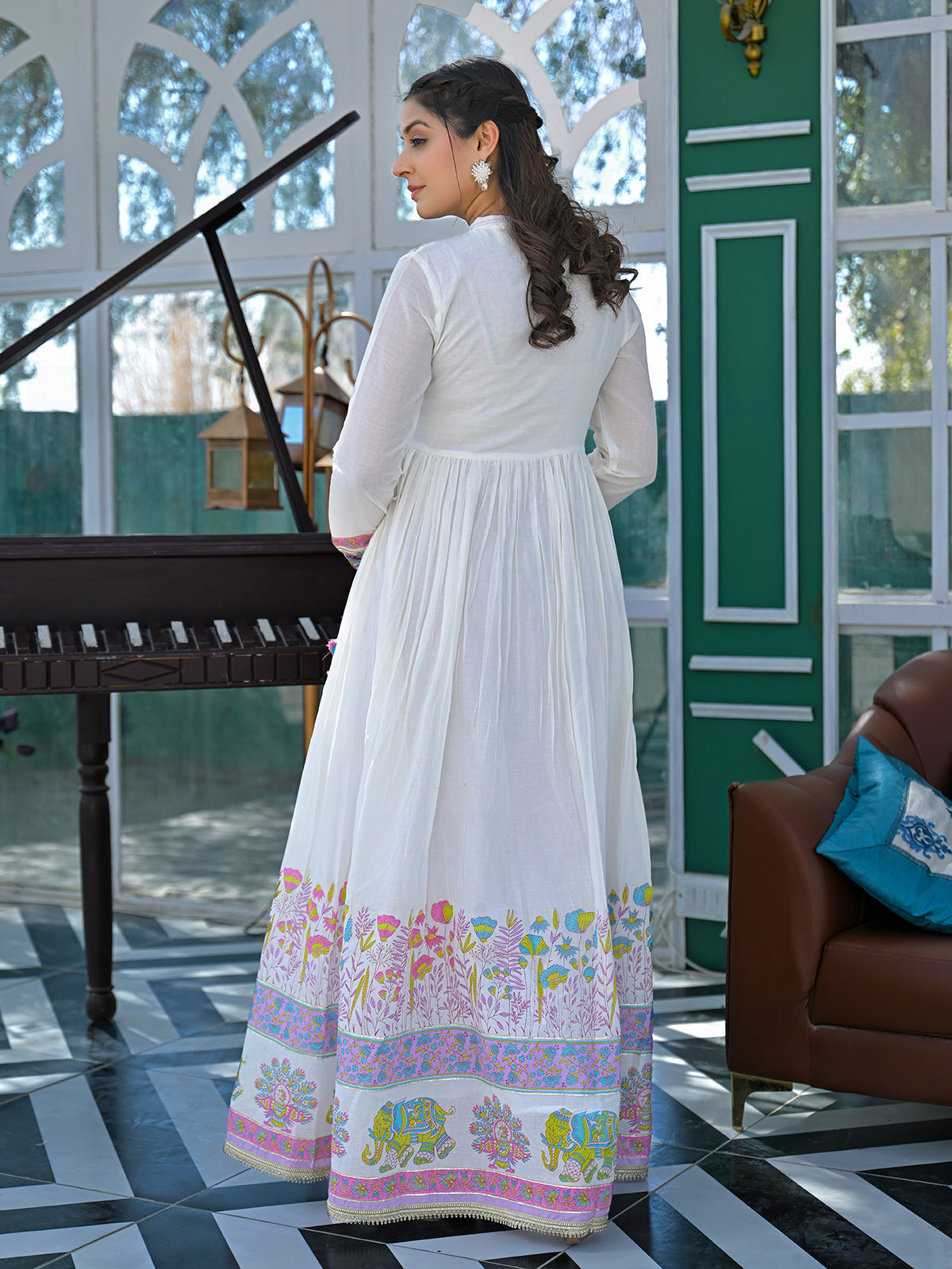 White and purple cotton linen printed anarkali festive set