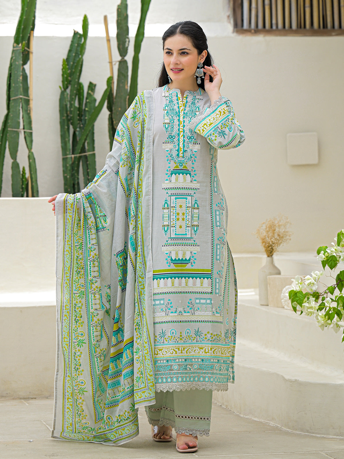 Light grey silk printed festive palazzo set with dupatta