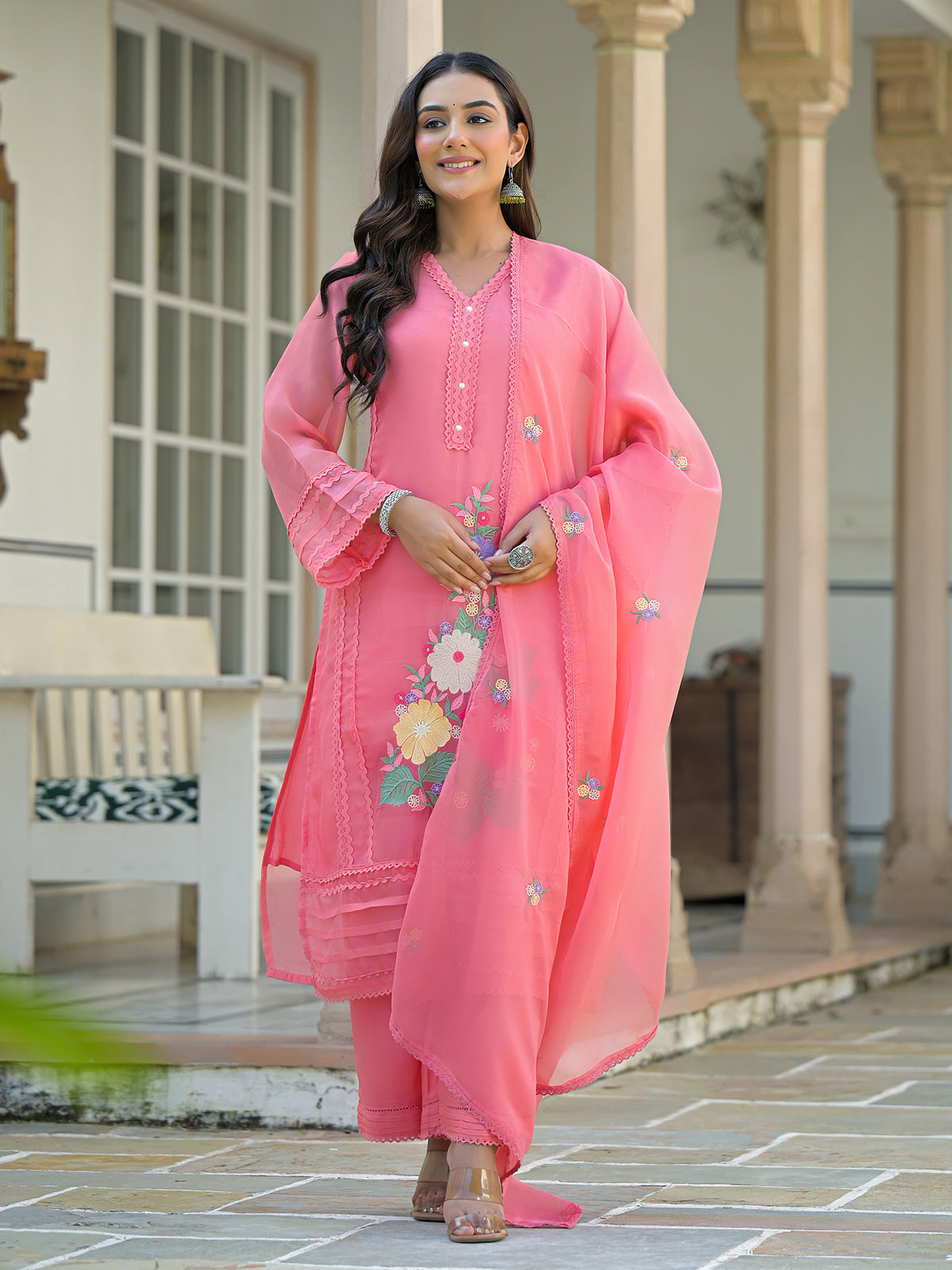 Pink tissue silk festive palazzo set with dupatta