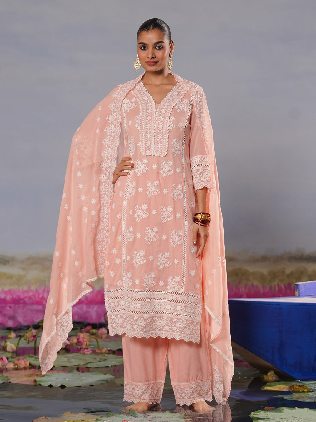 Peach modal silk chikankari embroidered festive kurti set