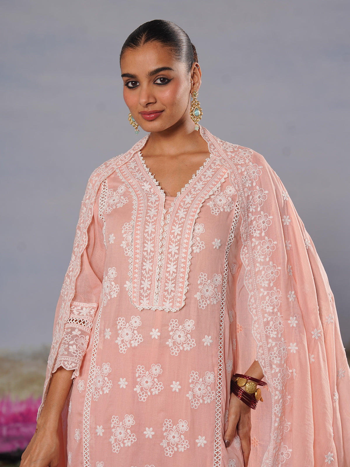 Peach modal silk chikankari embroidered festive kurti set