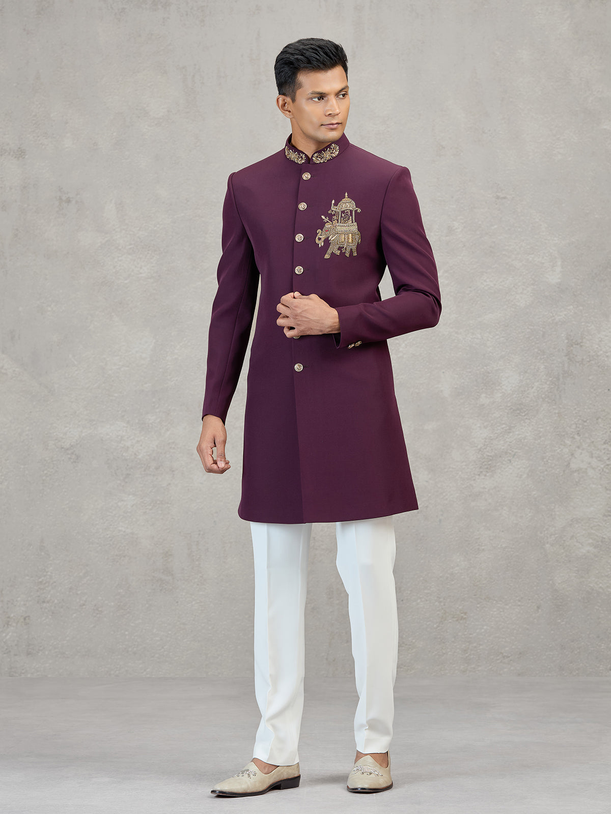 Maroon terry rayon embellished festive indowestern set
