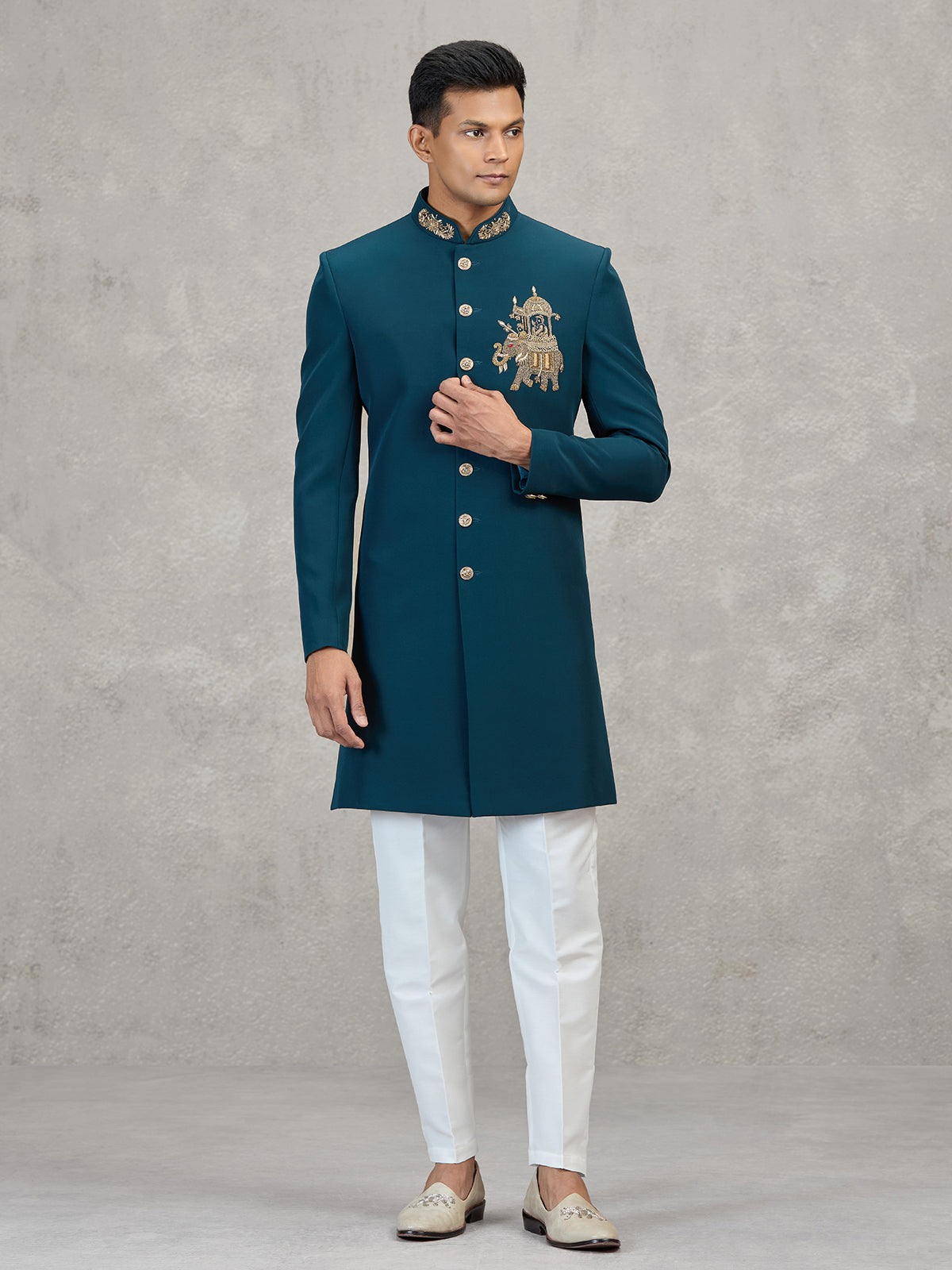 Teal blue terry rayon modern designer indowestern set