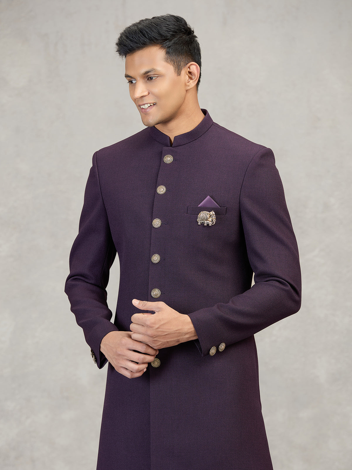 Wine jute elephant brooch occasion wear indowestern set