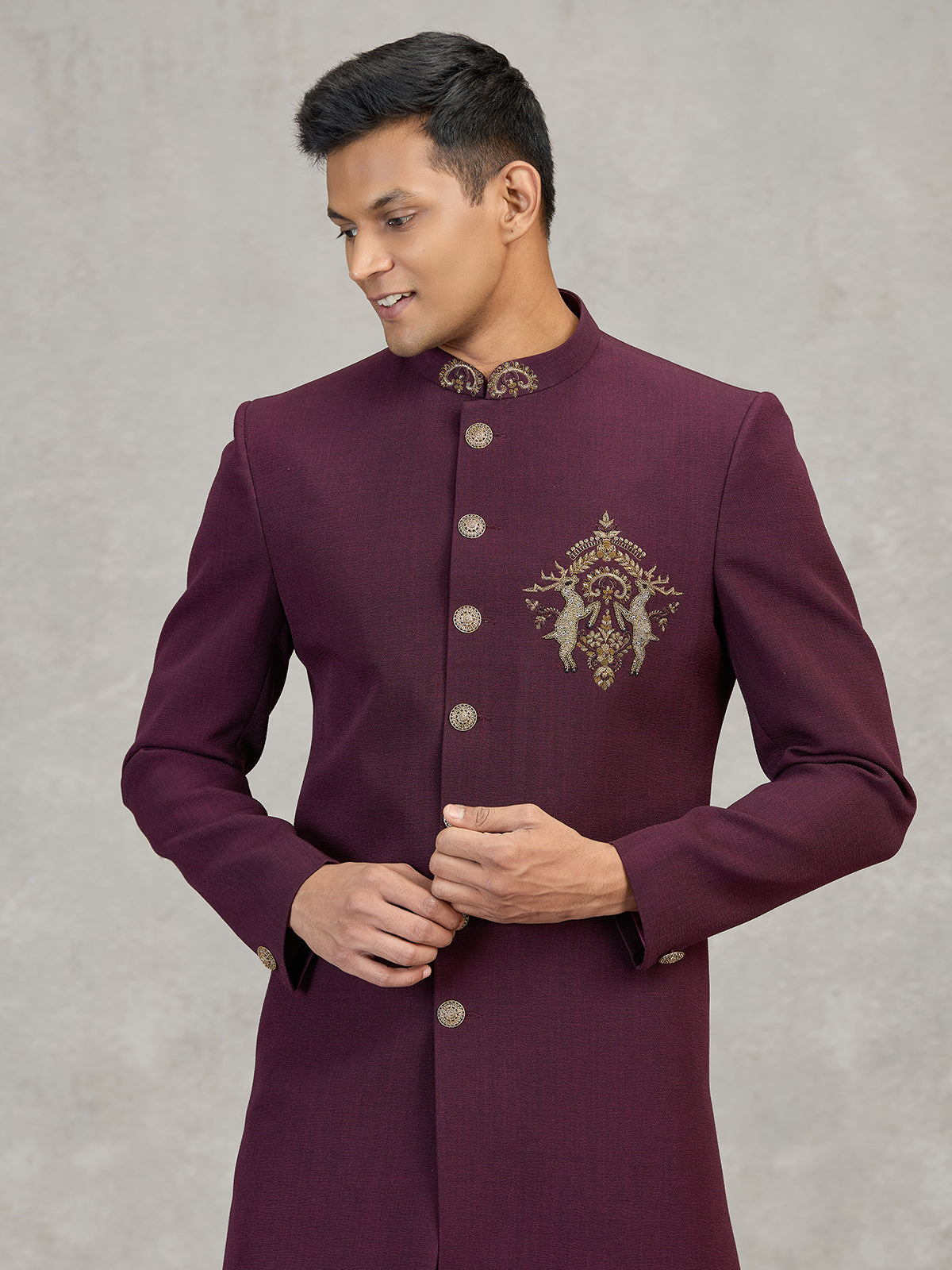 Maroon terry rayon elegant reception indowestern set