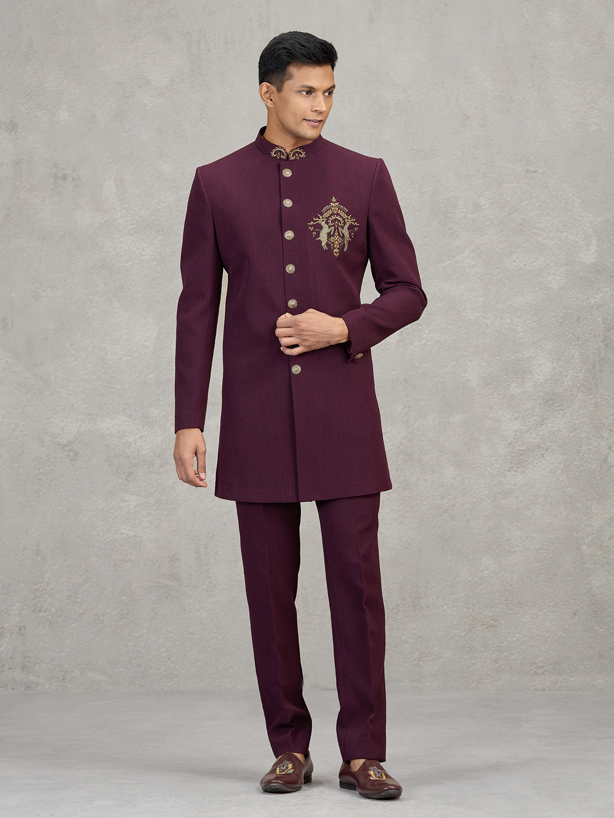 Maroon terry rayon elegant reception indowestern set