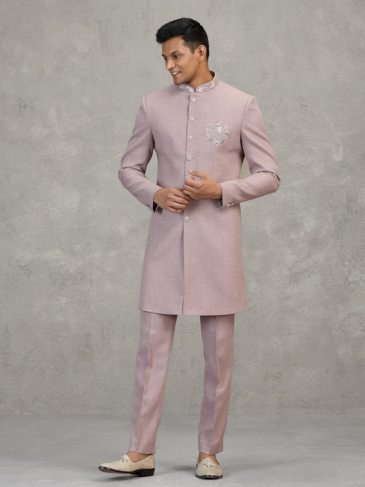Pink jute elephant motif festive embellished indowestern set