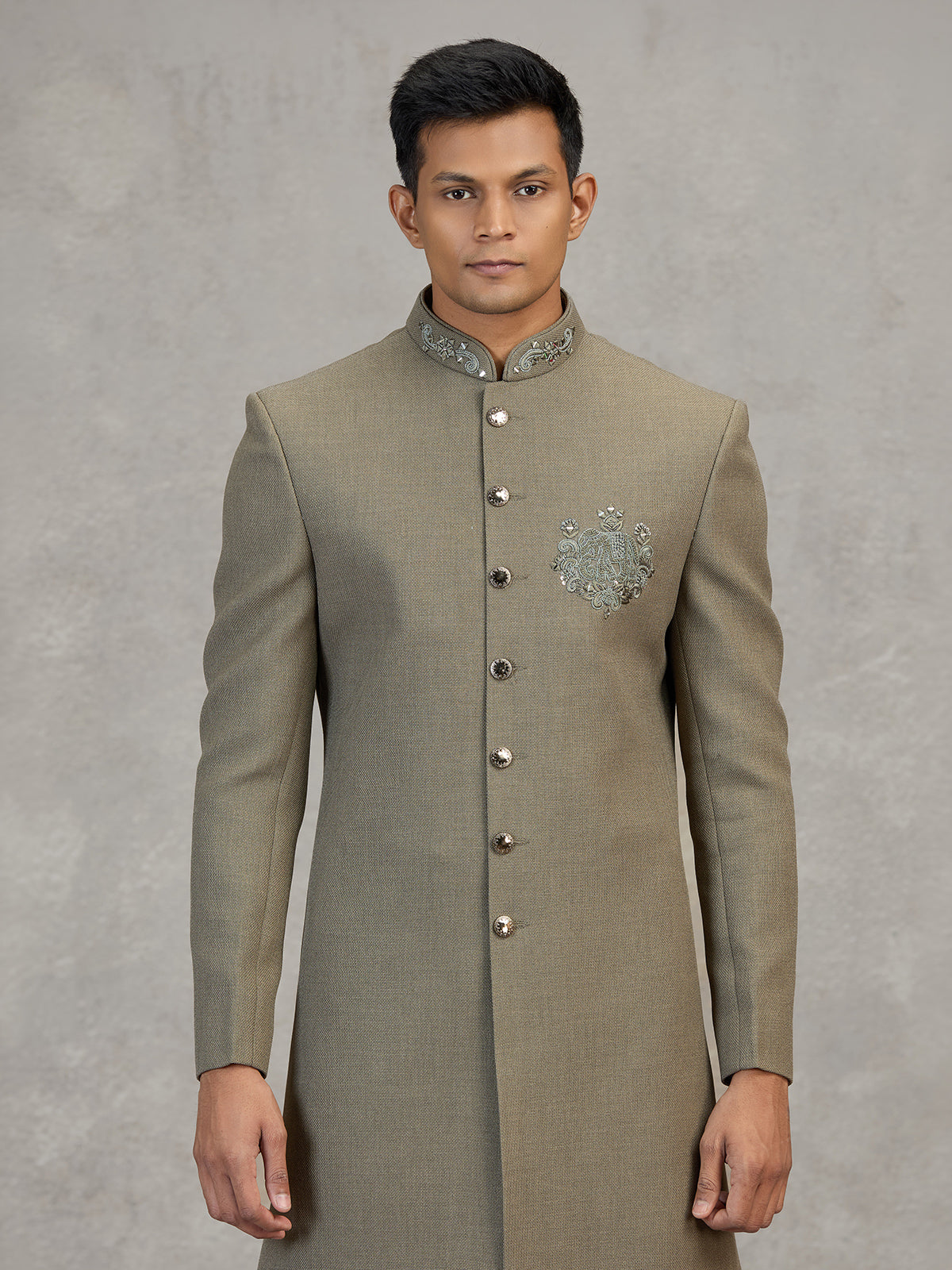 Olive jute elephant motif unique festive indowestern set