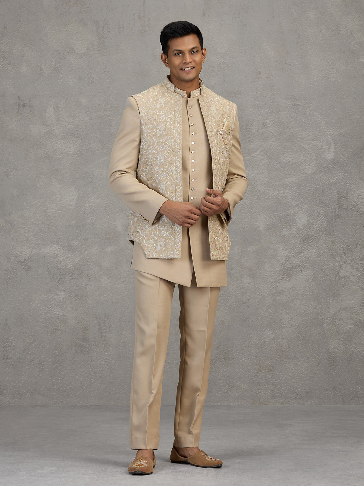 Gold terry rayon indowestern set with embroidery