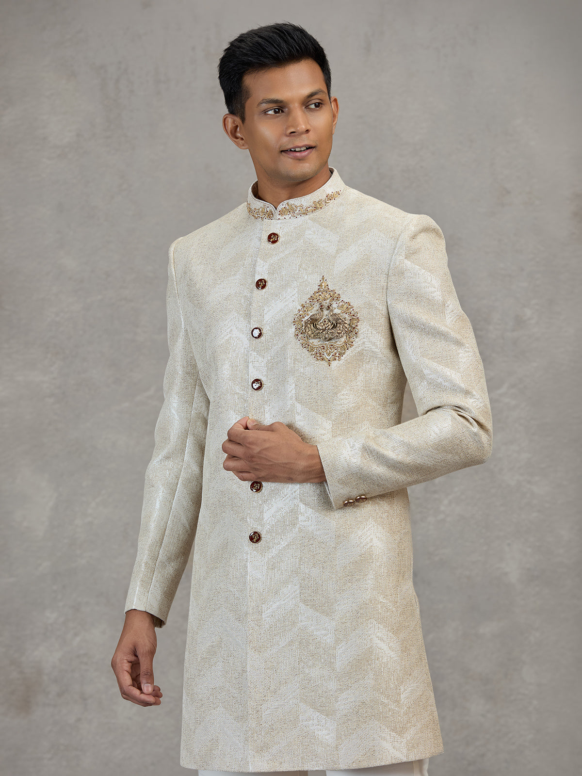 Beige textured jacquard indowestern set for reception celebration