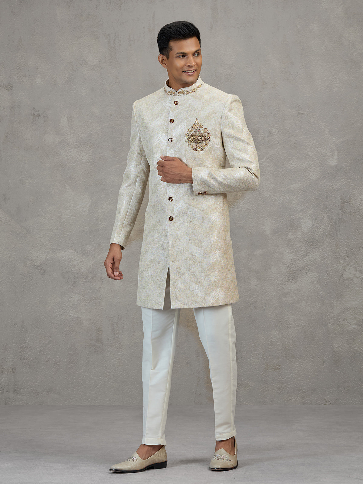 Beige textured jacquard indowestern set for reception celebration