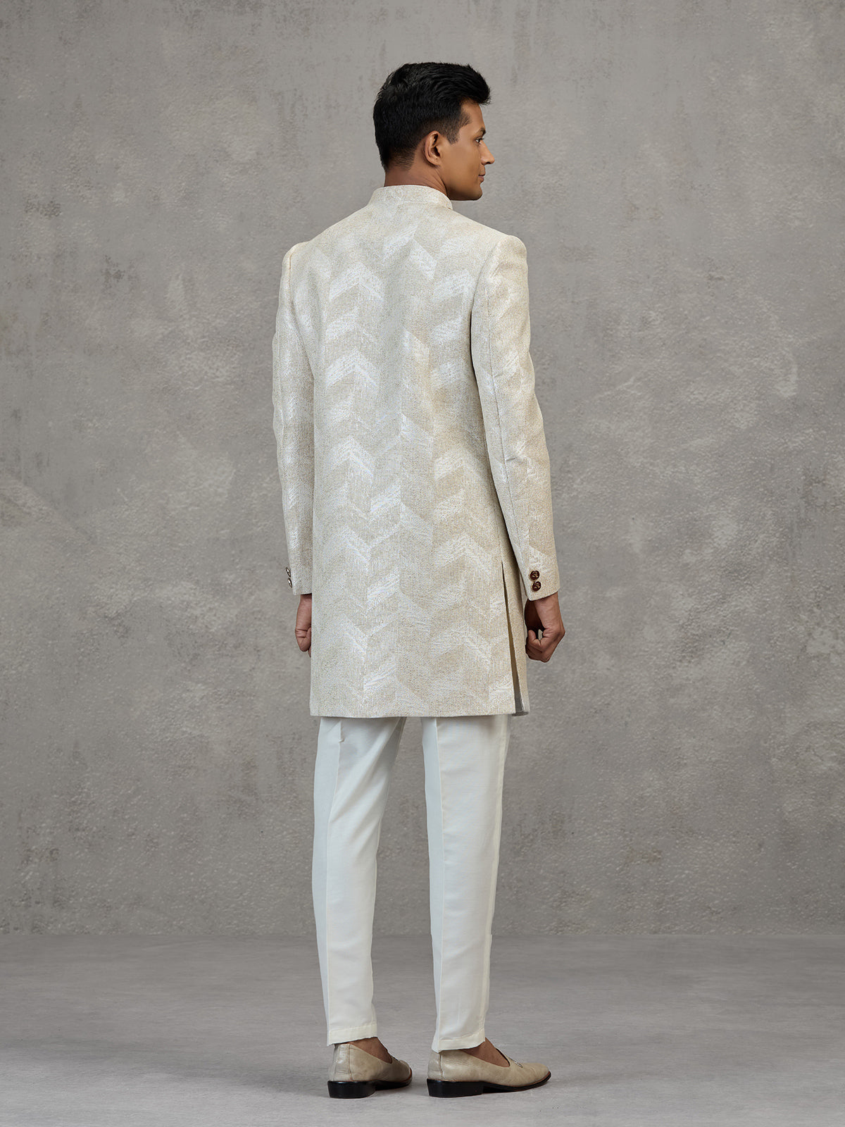Beige textured jacquard indowestern set for reception celebration