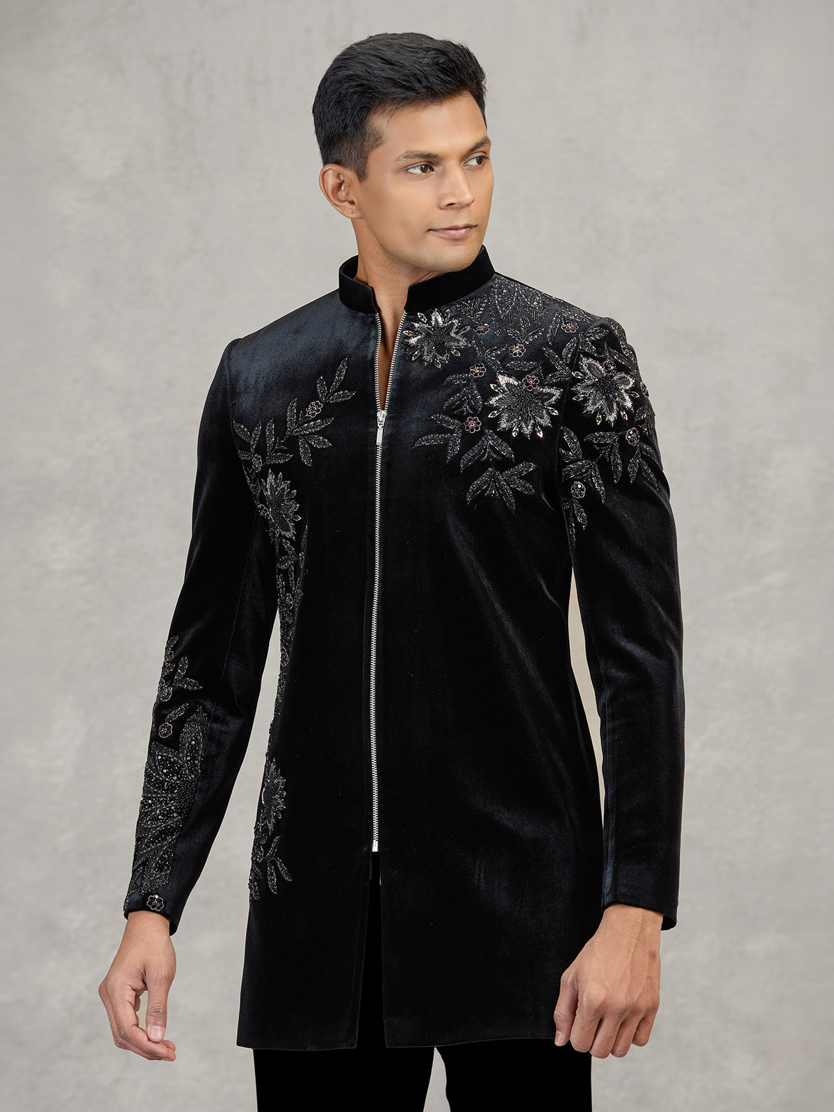 Black velvet indowestern set for reception wear