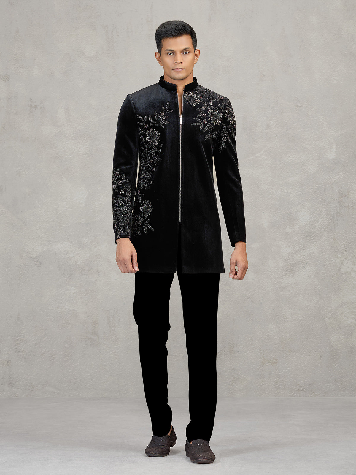 Black velvet indowestern set for reception wear