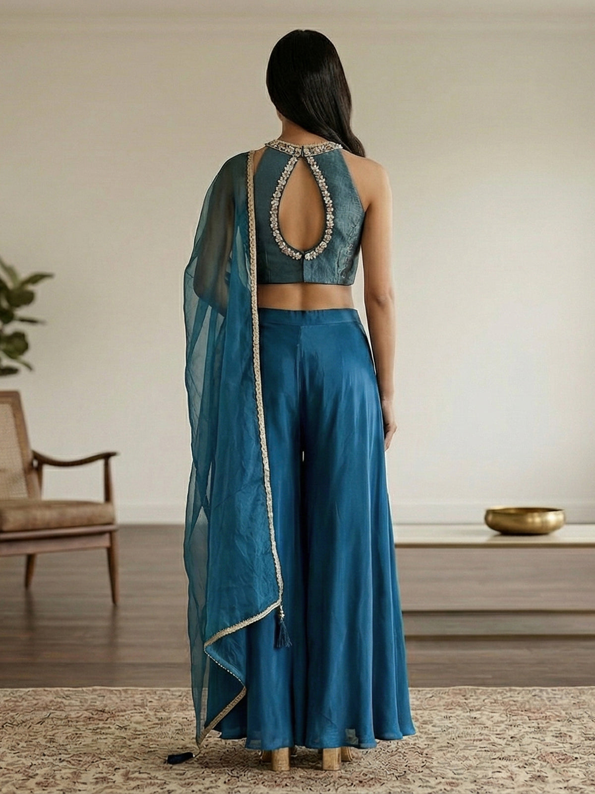 Blue crepe silk pearl and zardosi designer palazzo suit