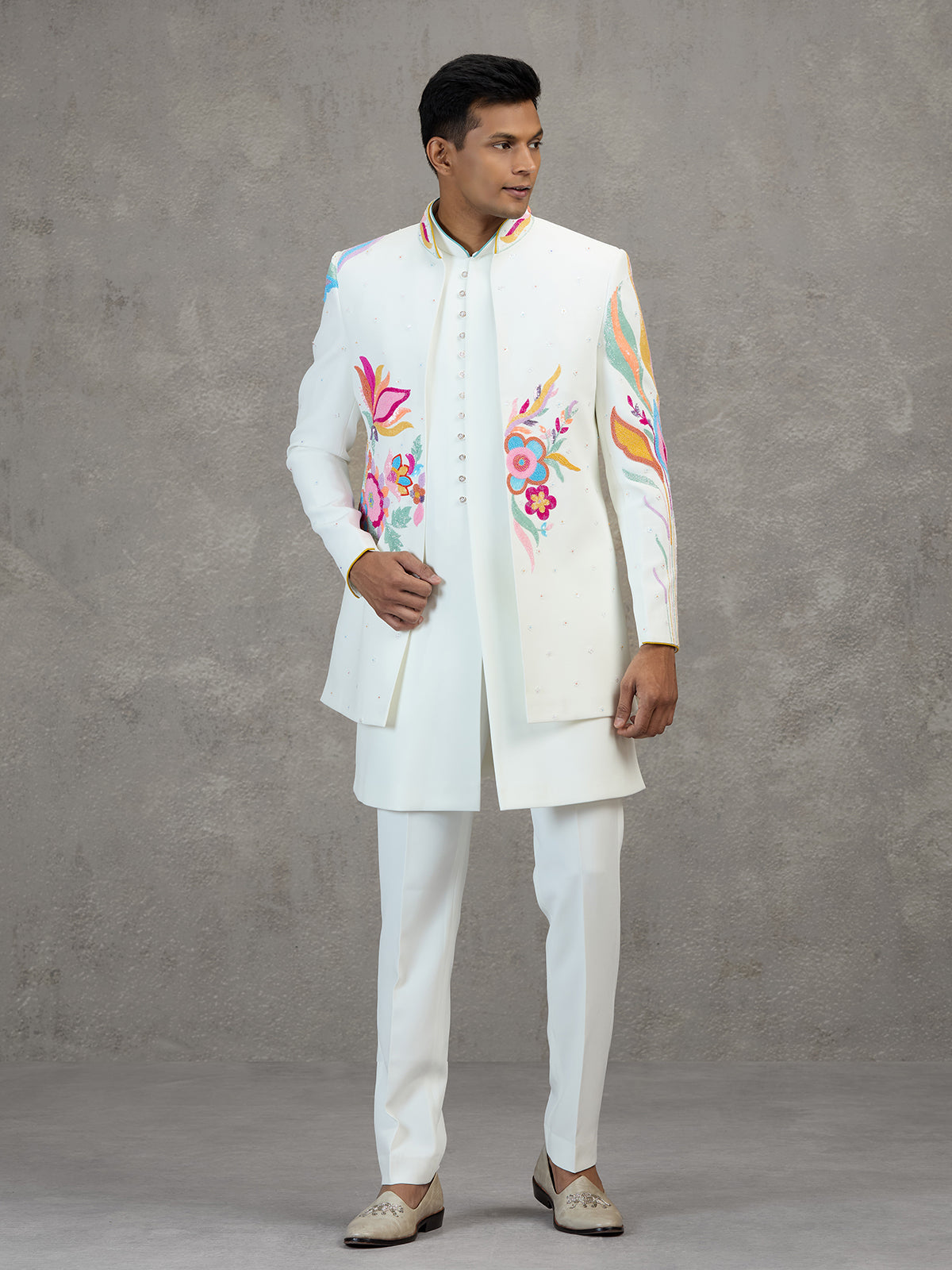 White terry rayon carnival style embellished indowestern set