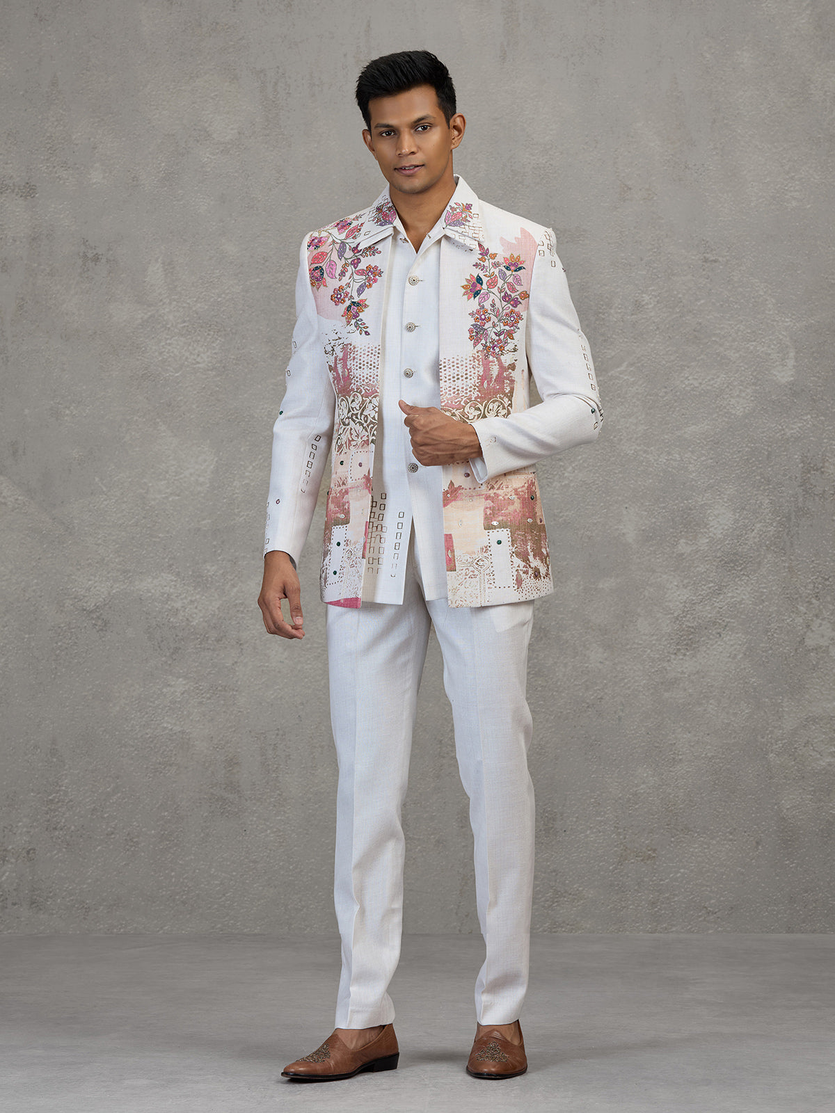 Off white linen carnival printed style indowestern set