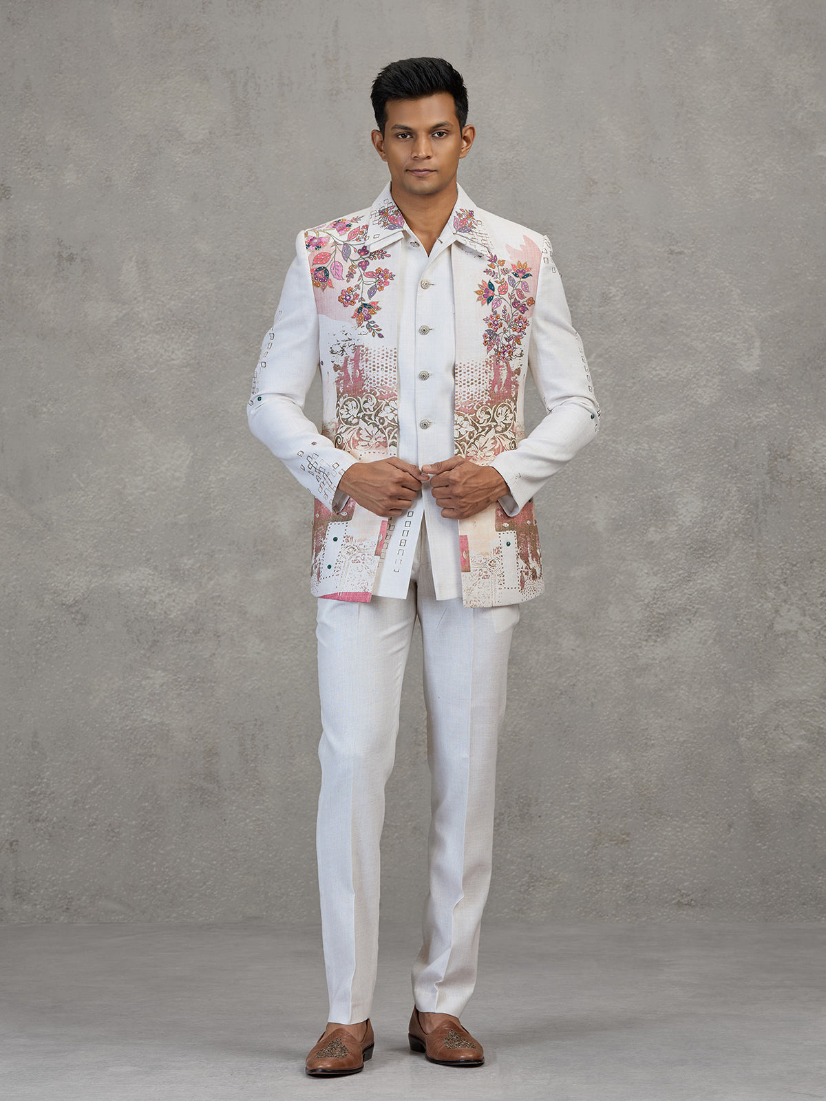 Off white linen carnival printed style indowestern set