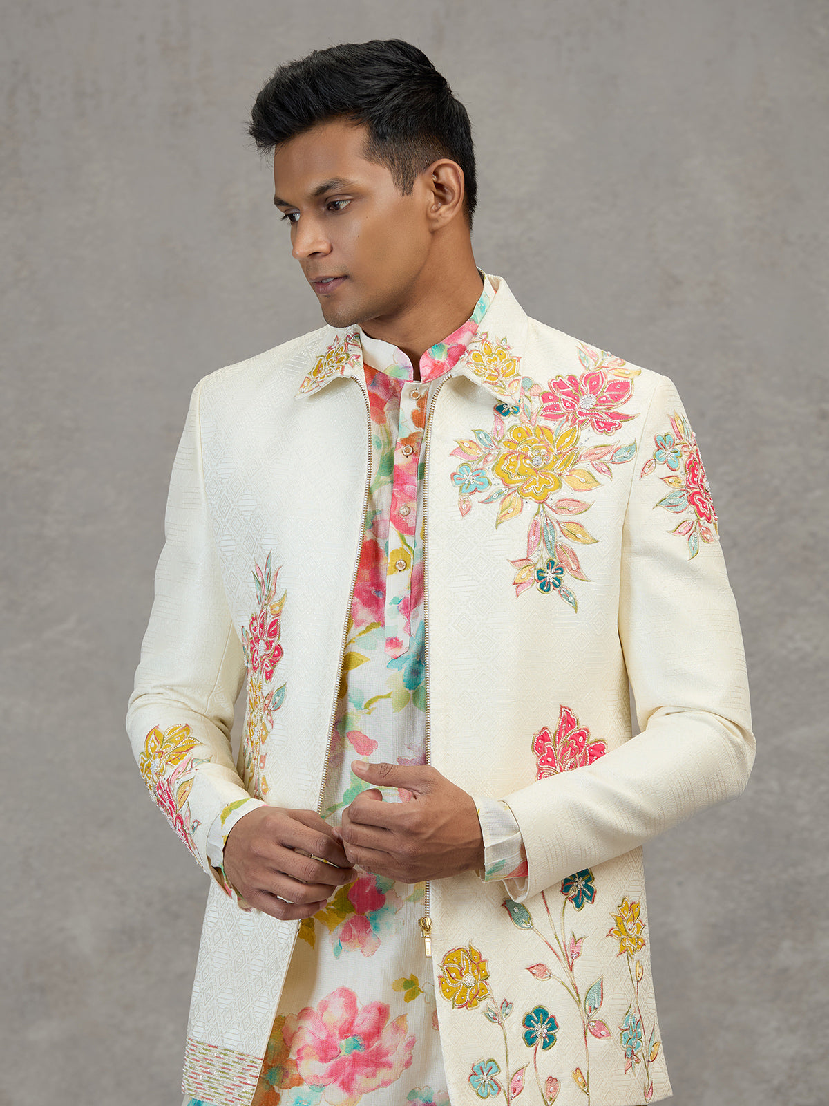 Cream jacquard carnival printed style indowestern set