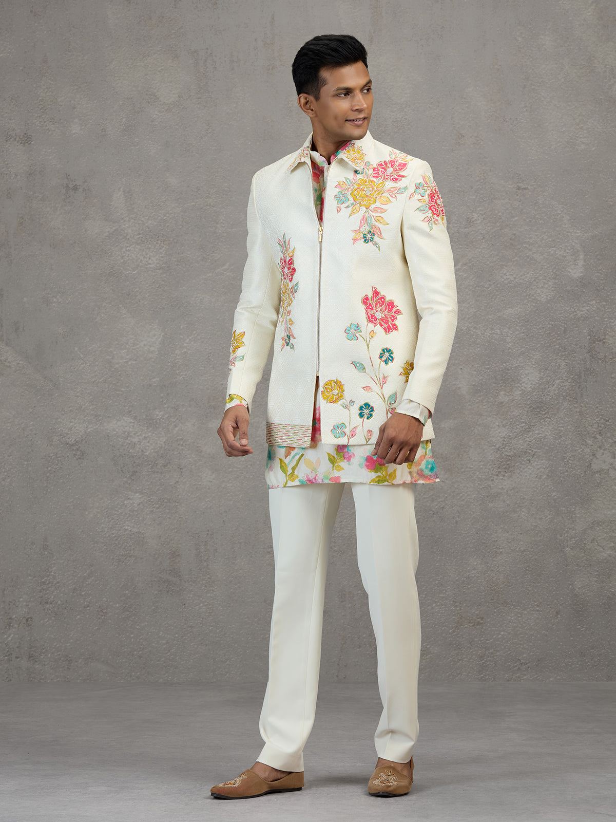 Cream jacquard carnival printed style indowestern set