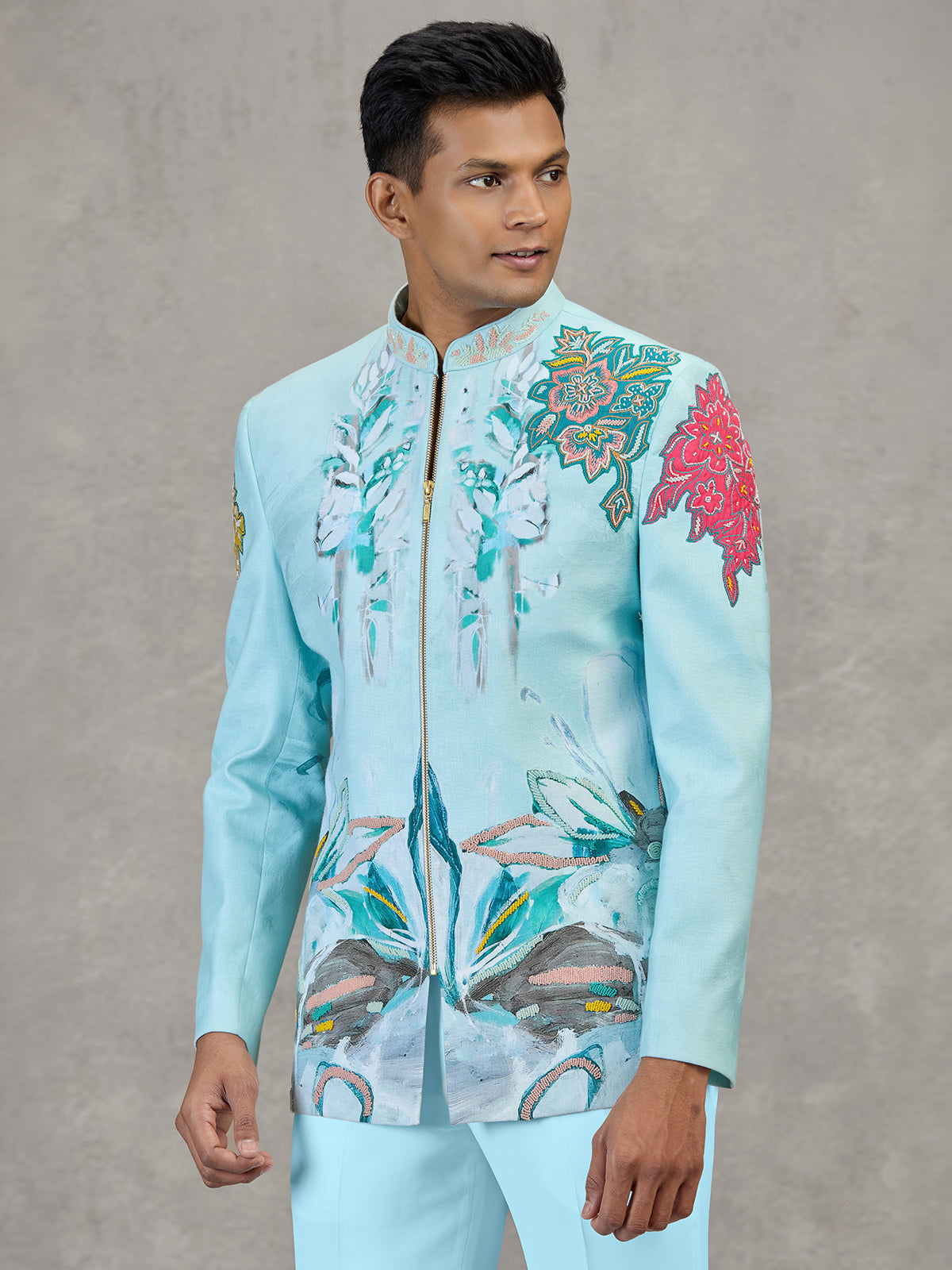 Aqua blue linen carnival printed style indowestern set