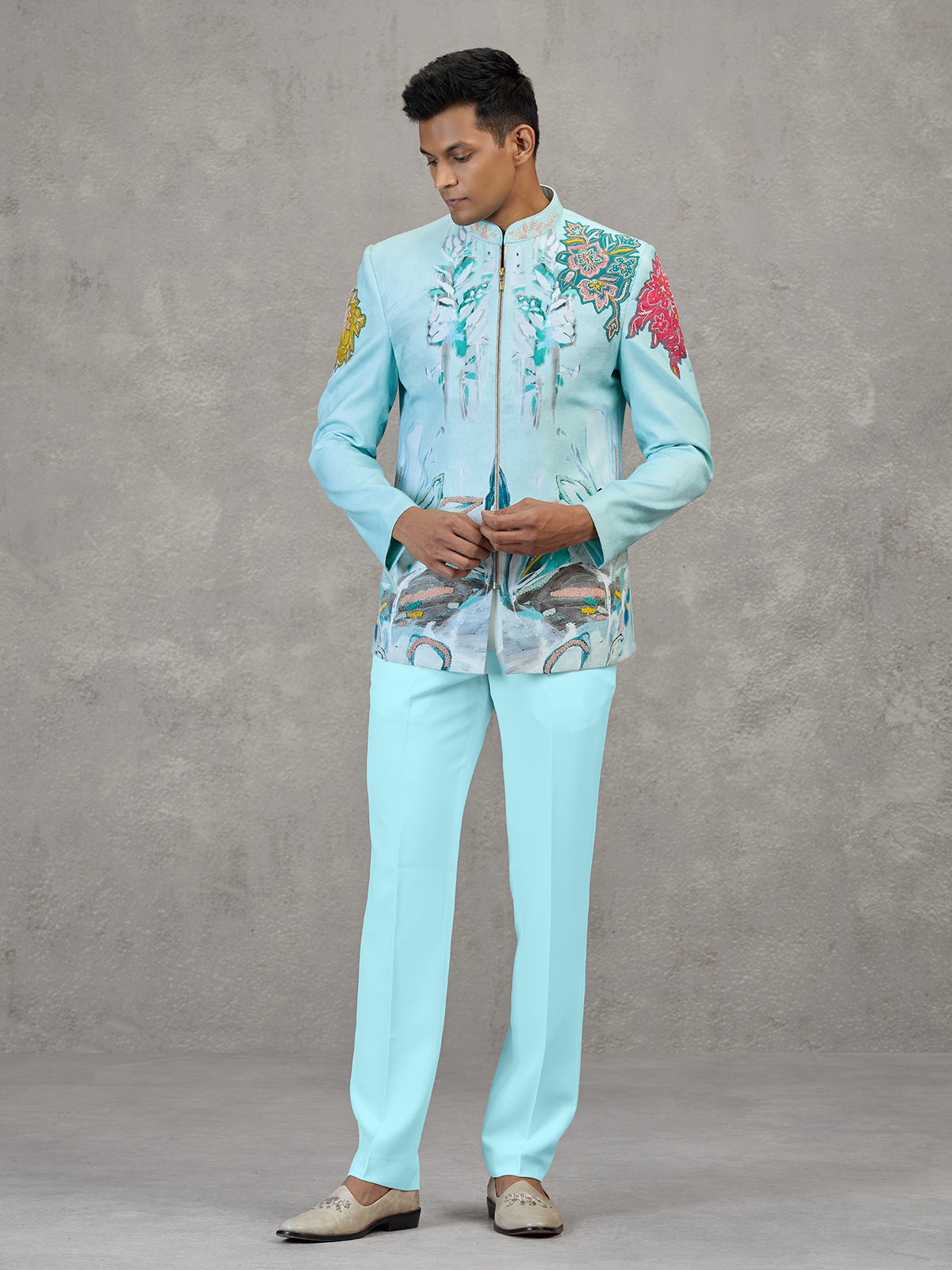 Aqua blue linen carnival printed style indowestern set