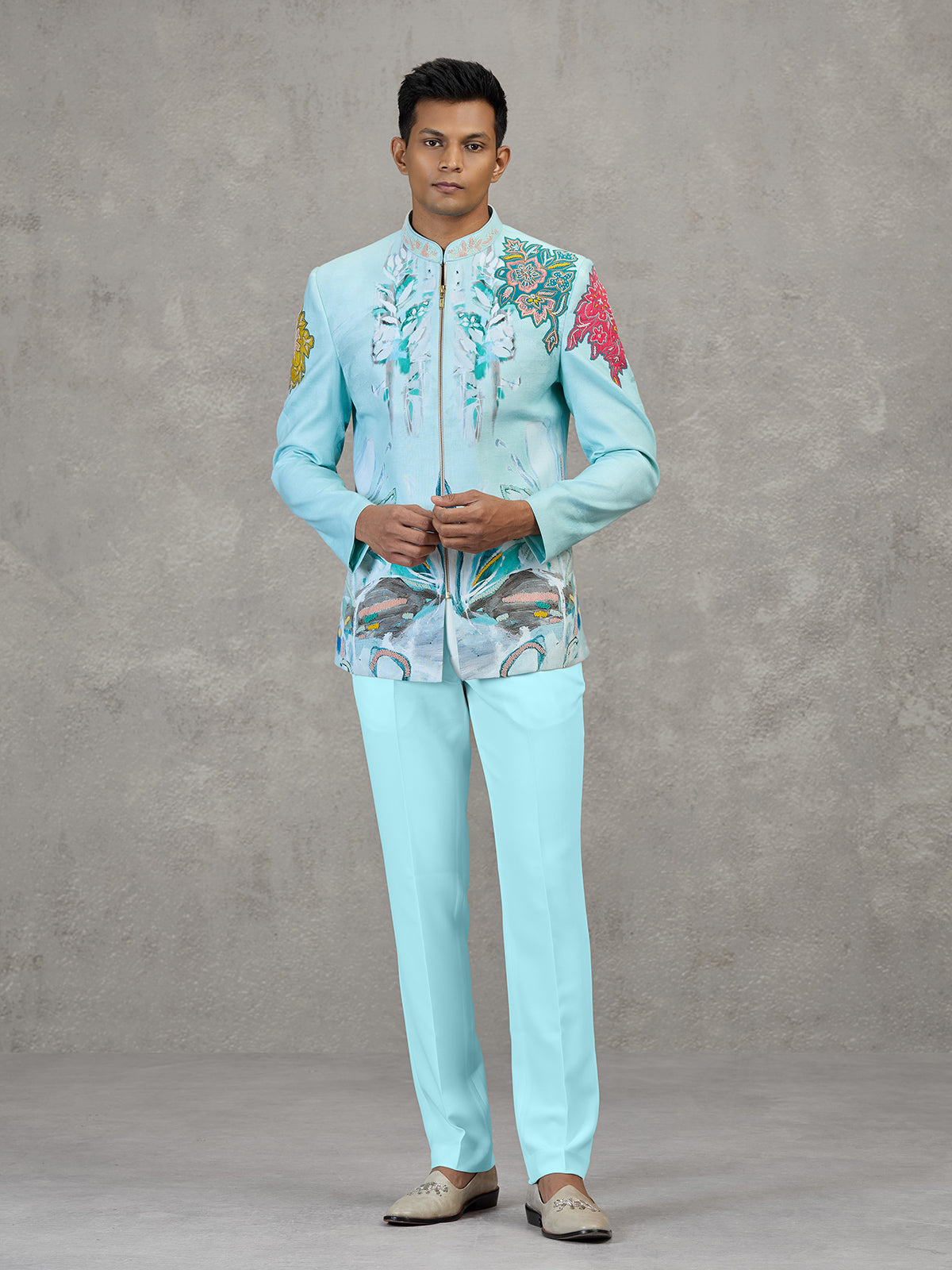 Aqua blue linen carnival printed style indowestern set