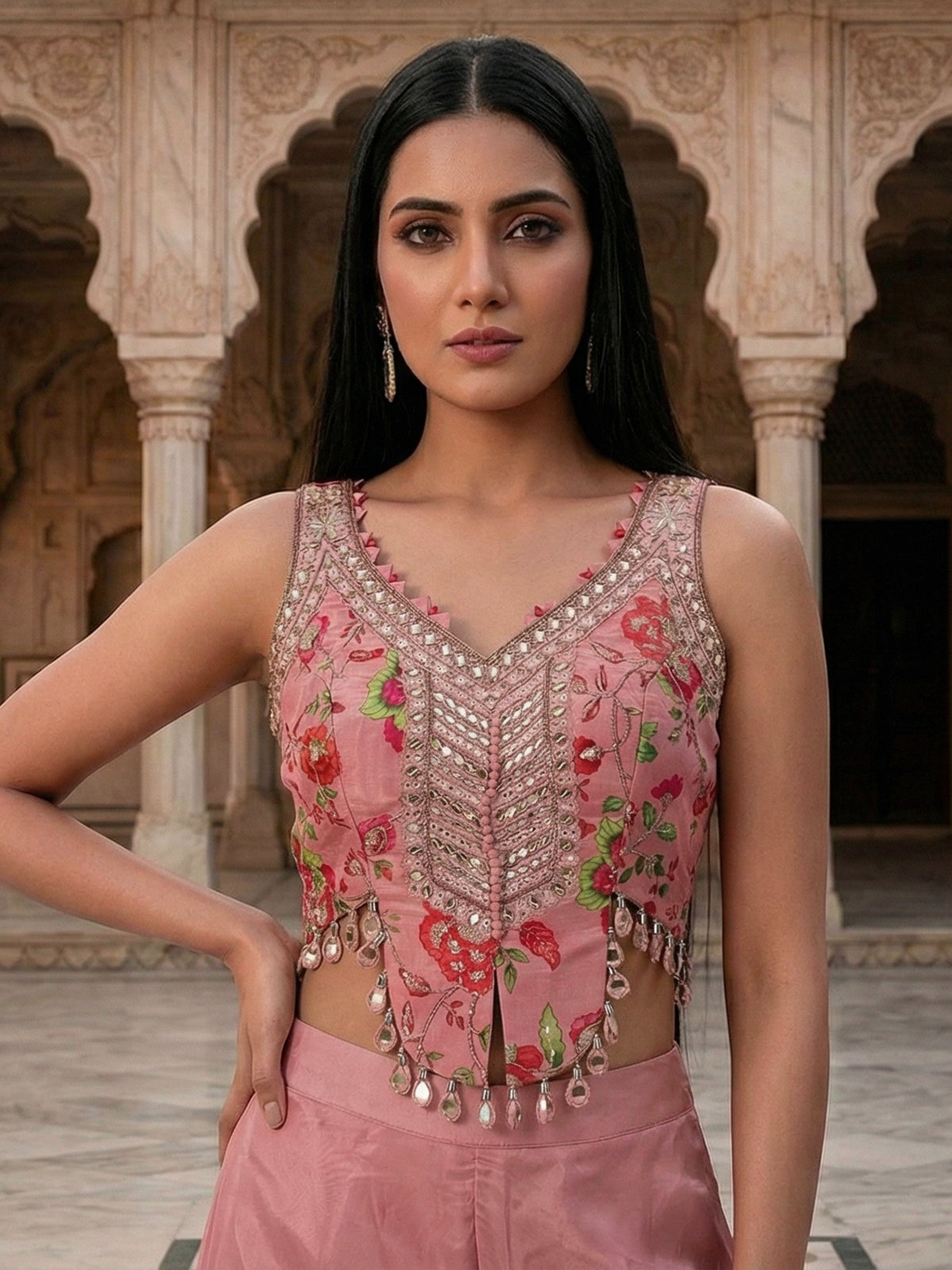 Onion pink crepe silk mirror and aabla festive palazzo suit