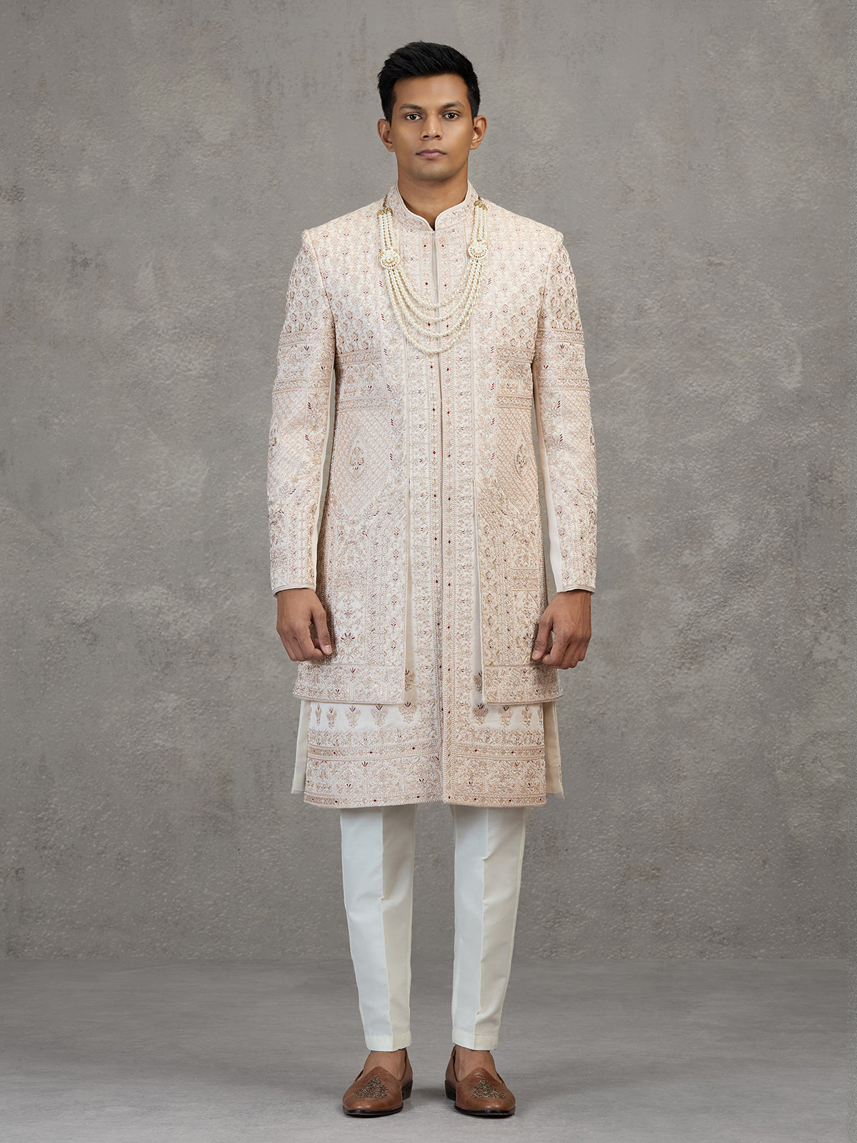 Cream layered satin silk sherwani for mens