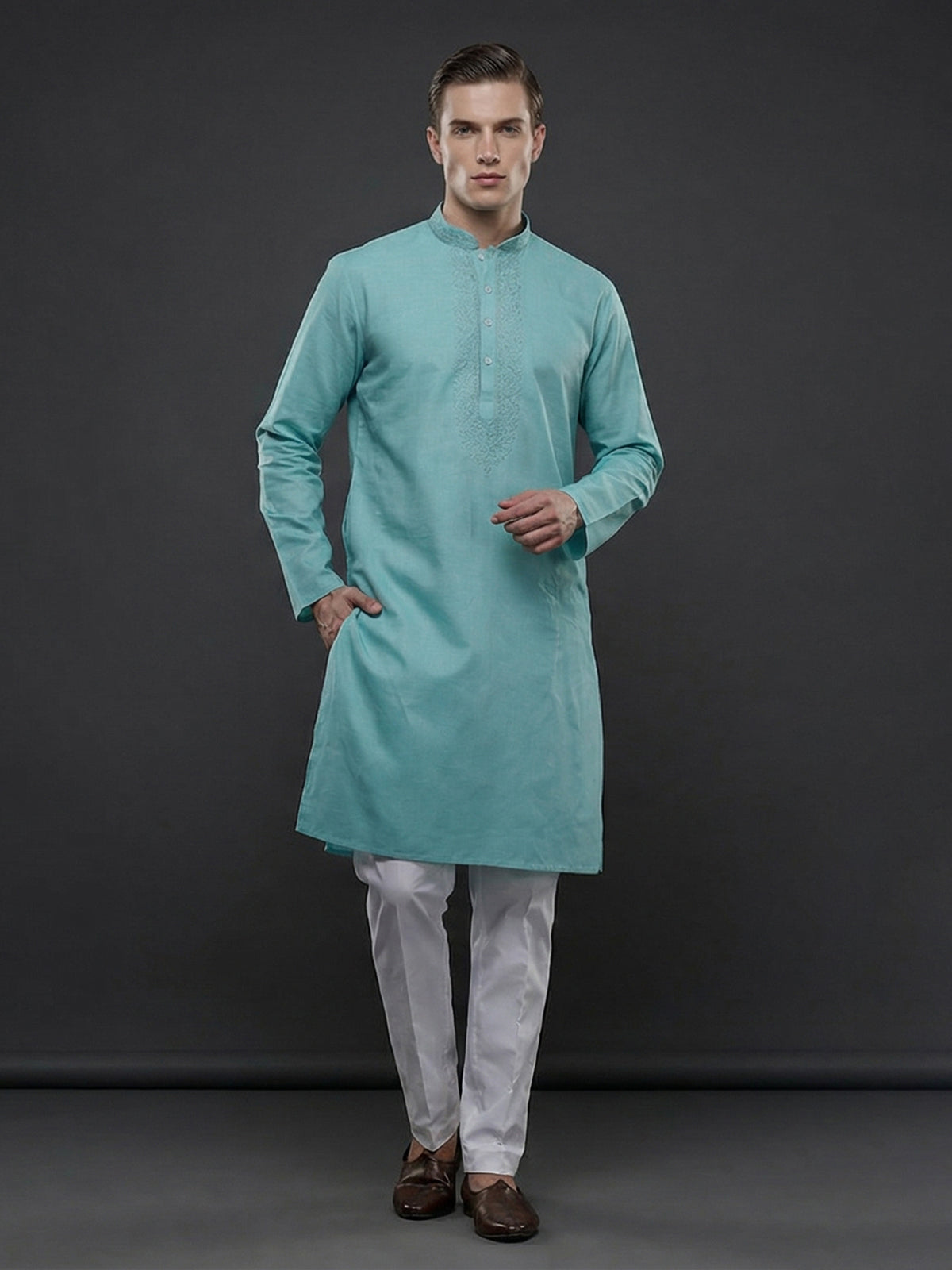 Aqua blue cotton linen thread work festive kurta suit