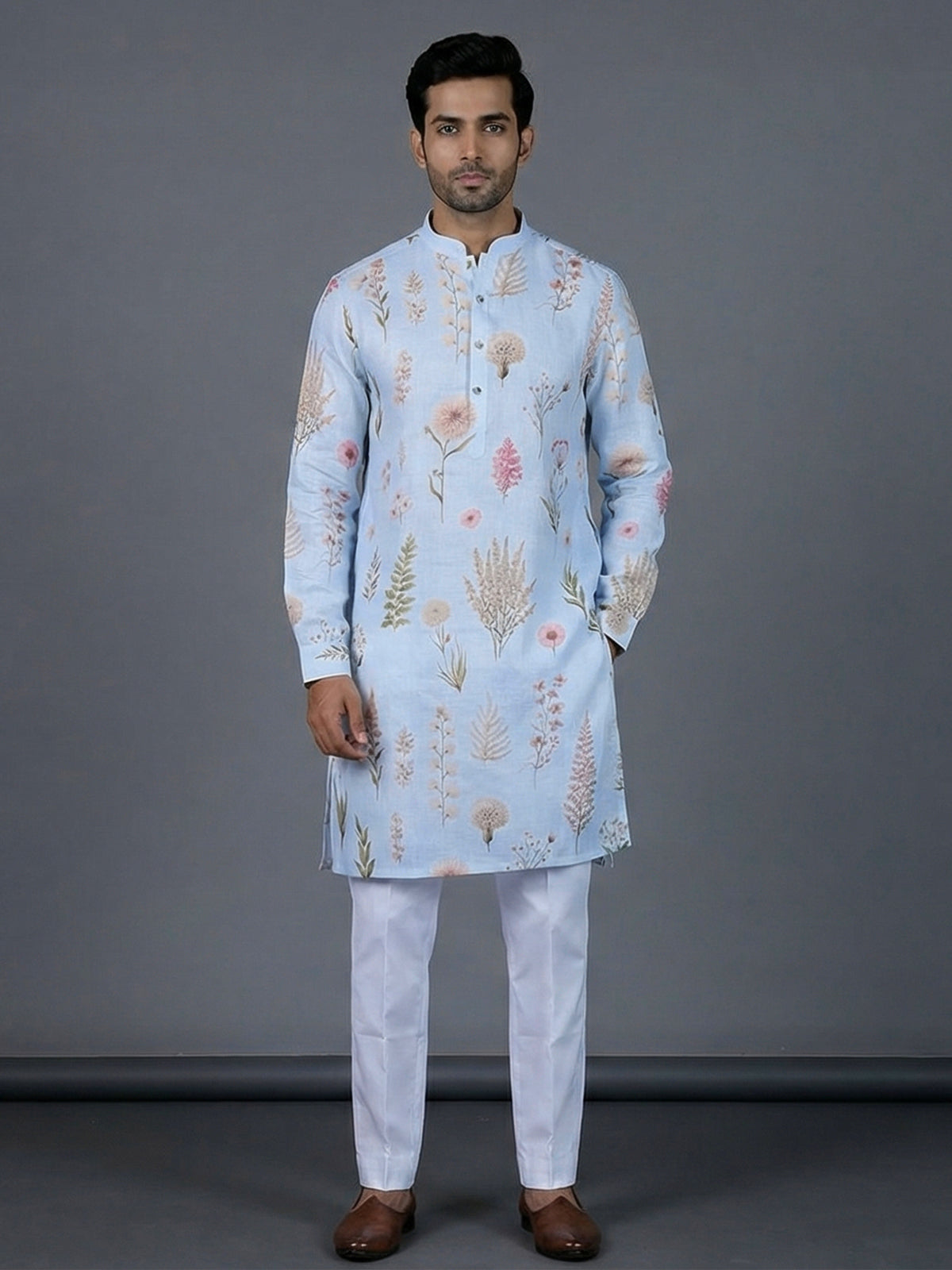 Mint blue linen floral printed festive kurta suit