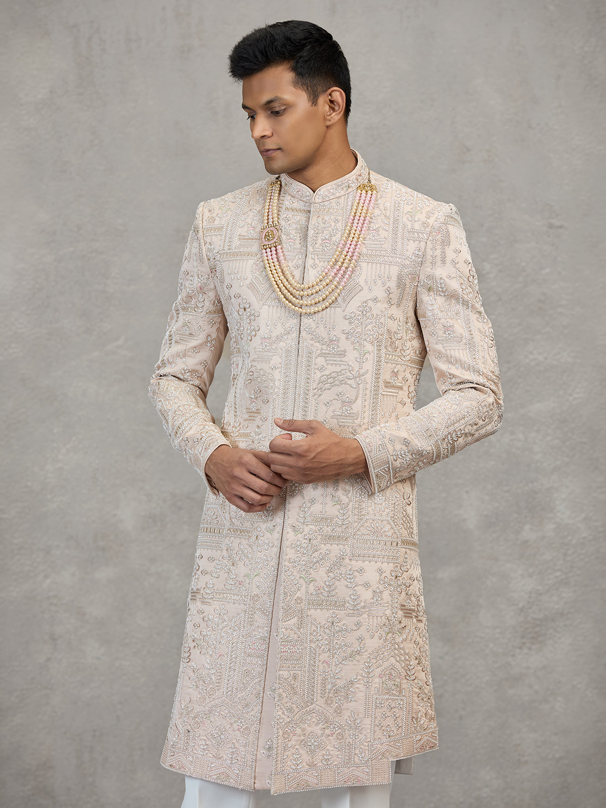 Light peach satin silk sherwani for men wedding wear