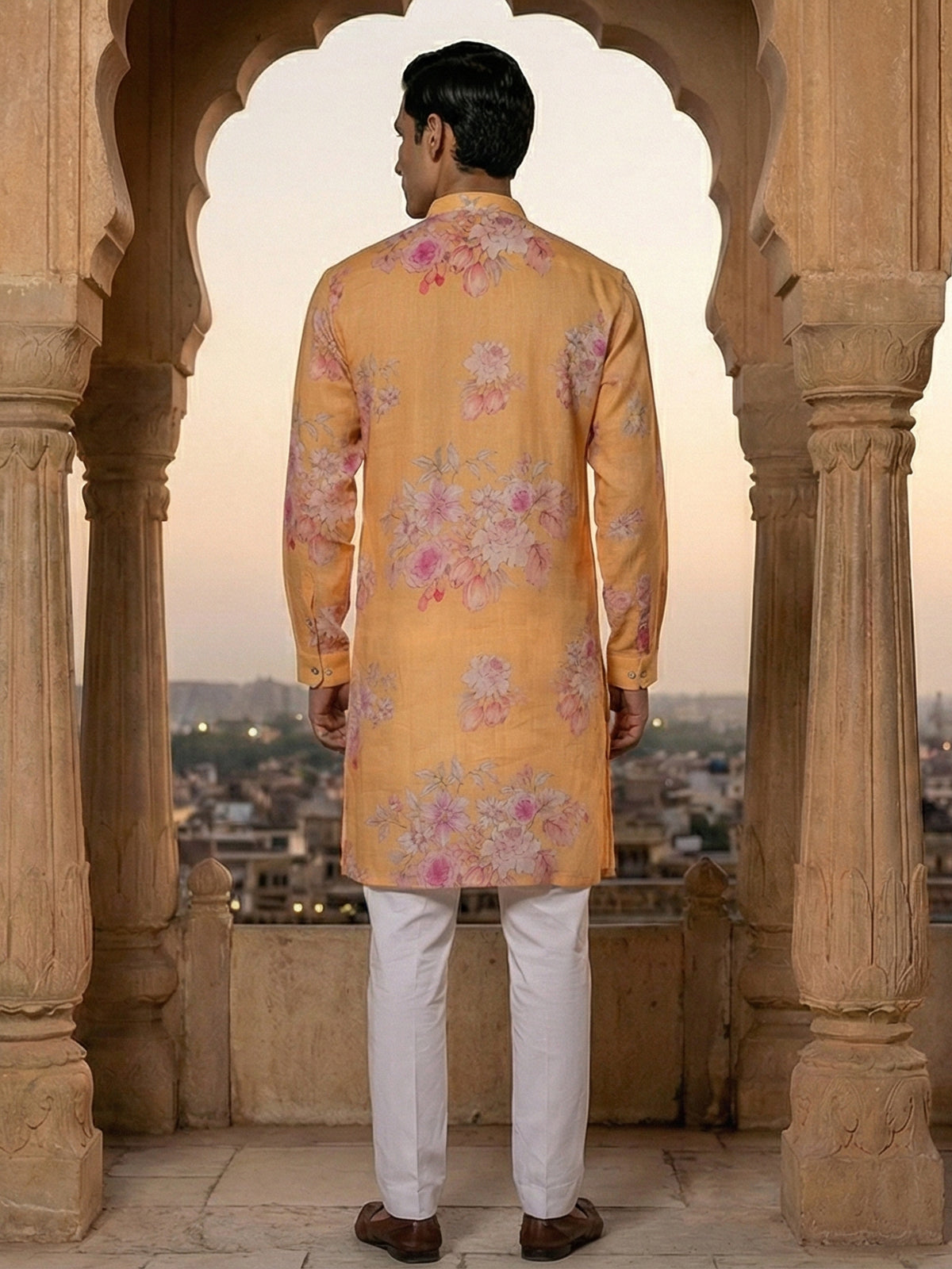 Bright peach linen floral printed designer kurta suit