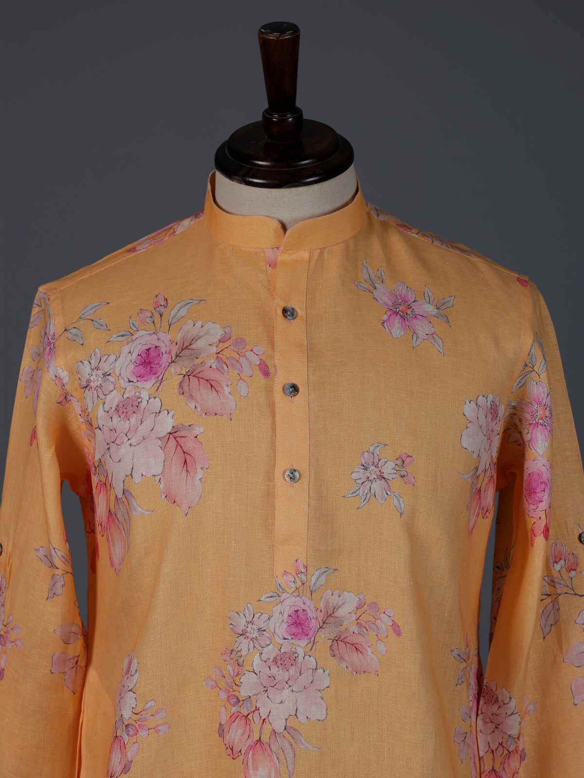 Bright peach linen floral printed designer kurta suit
