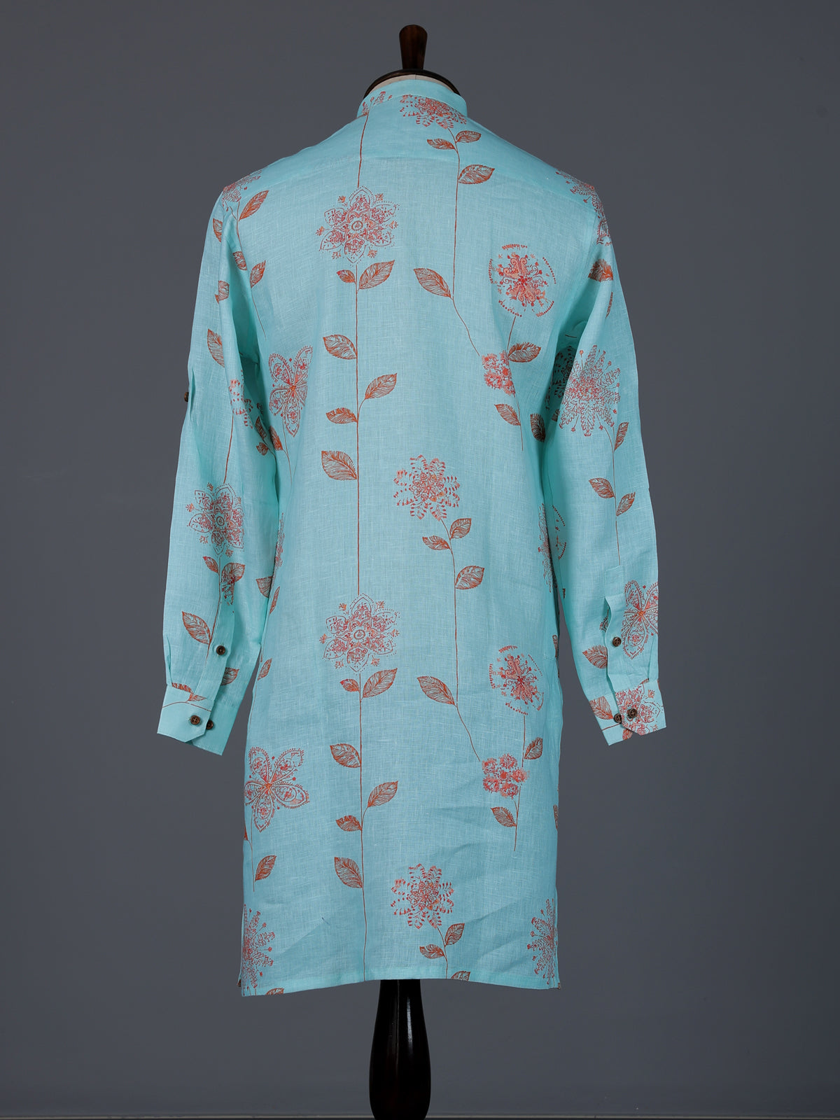 Aqua blue linen floral printed festive kurta suit