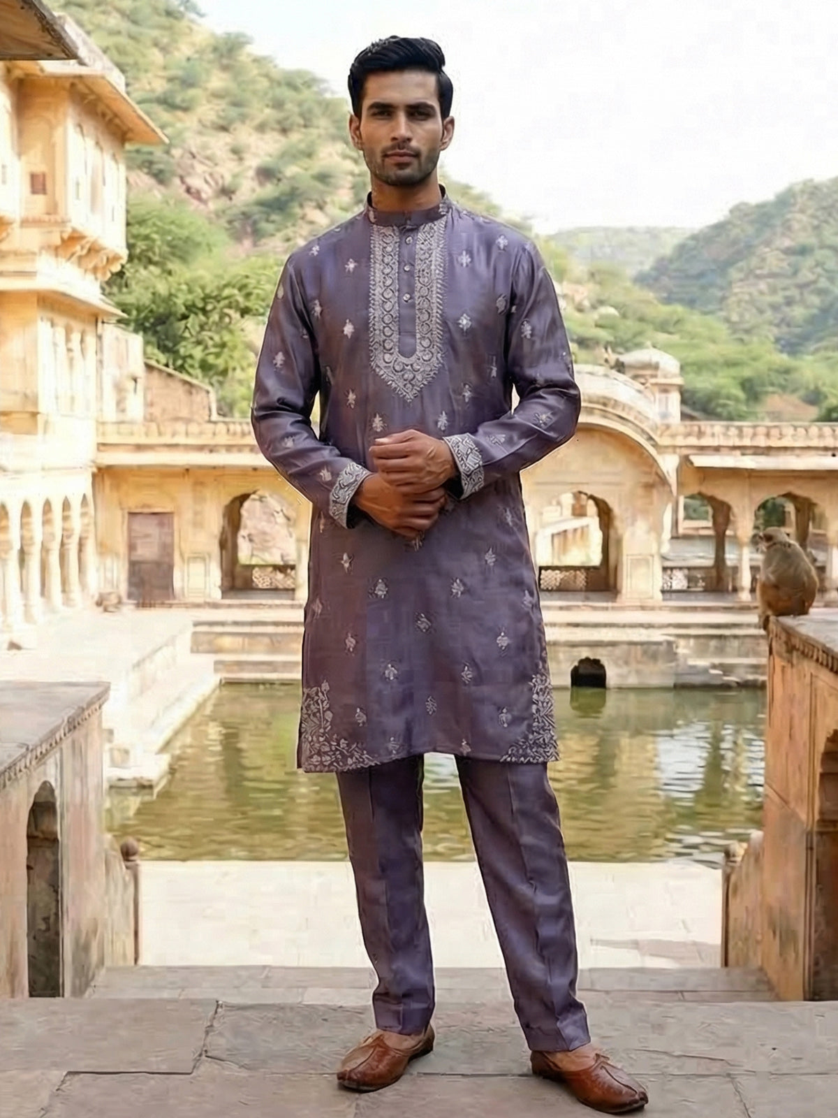 Pastel purple silk resham sequins festive kurta suit