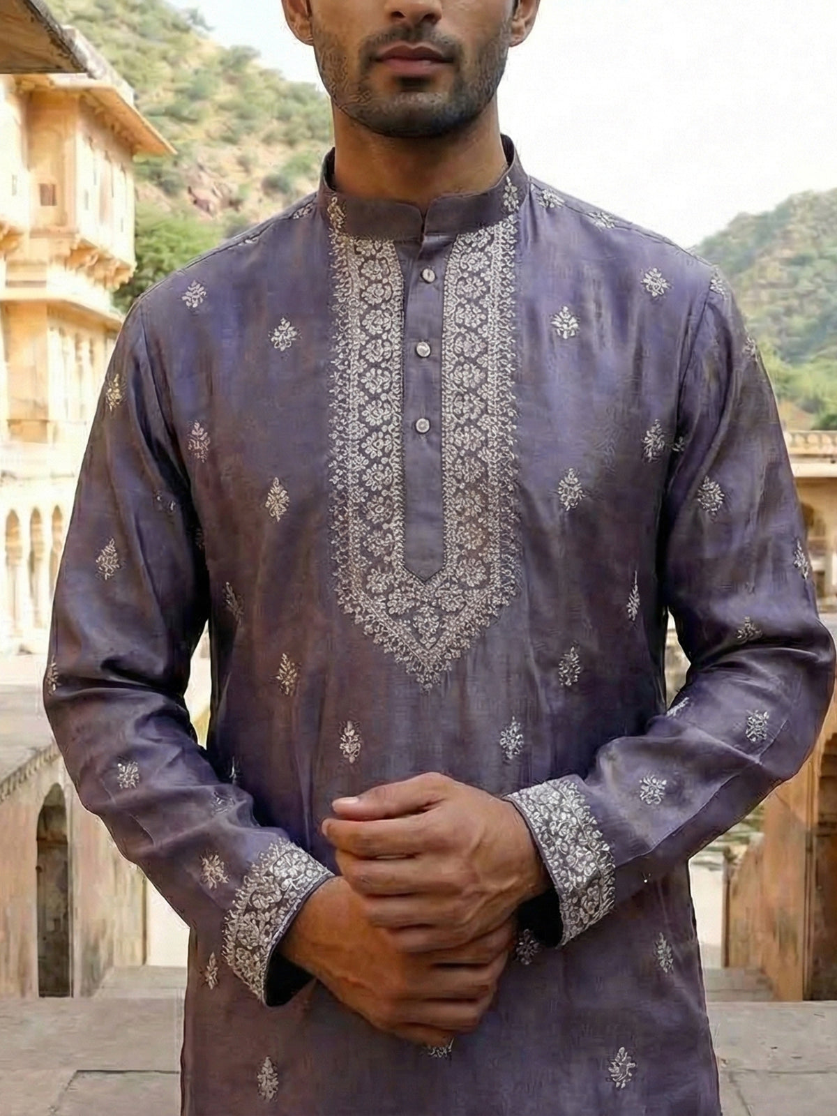Pastel purple silk resham sequins festive kurta suit
