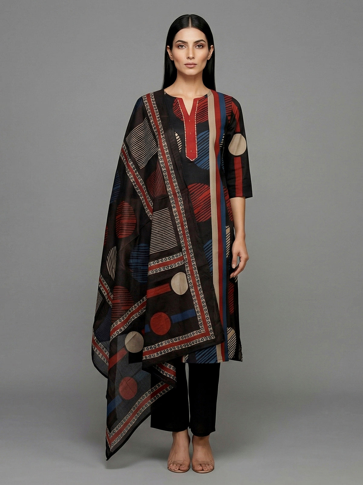 Black silk printed straight cut casual kurti set