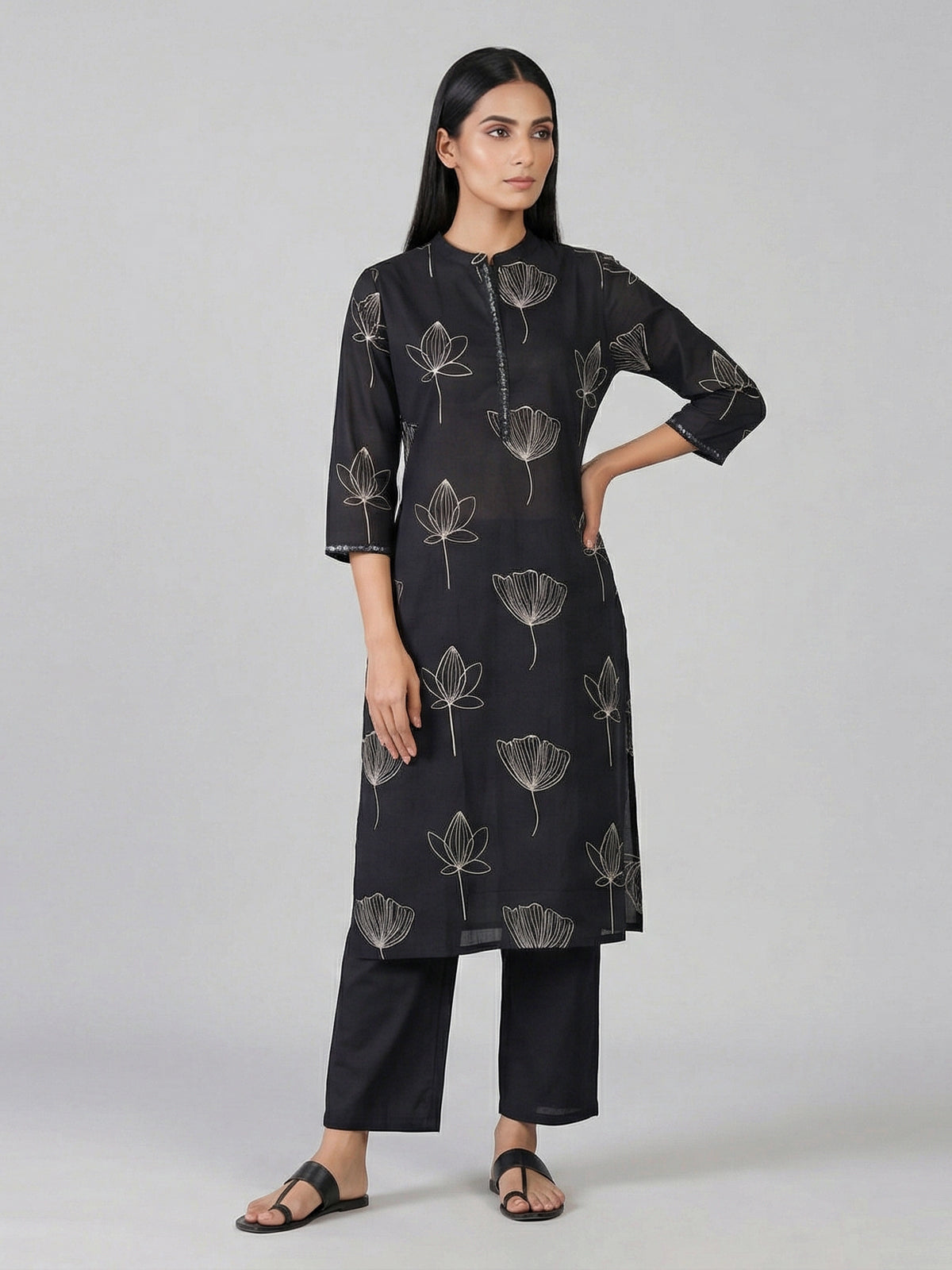 Black cotton silk printed stand collar casual kurti set