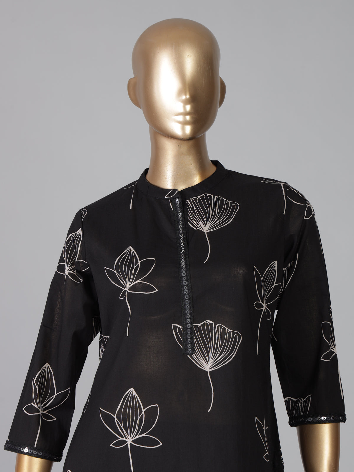 Black cotton silk printed stand collar casual kurti set