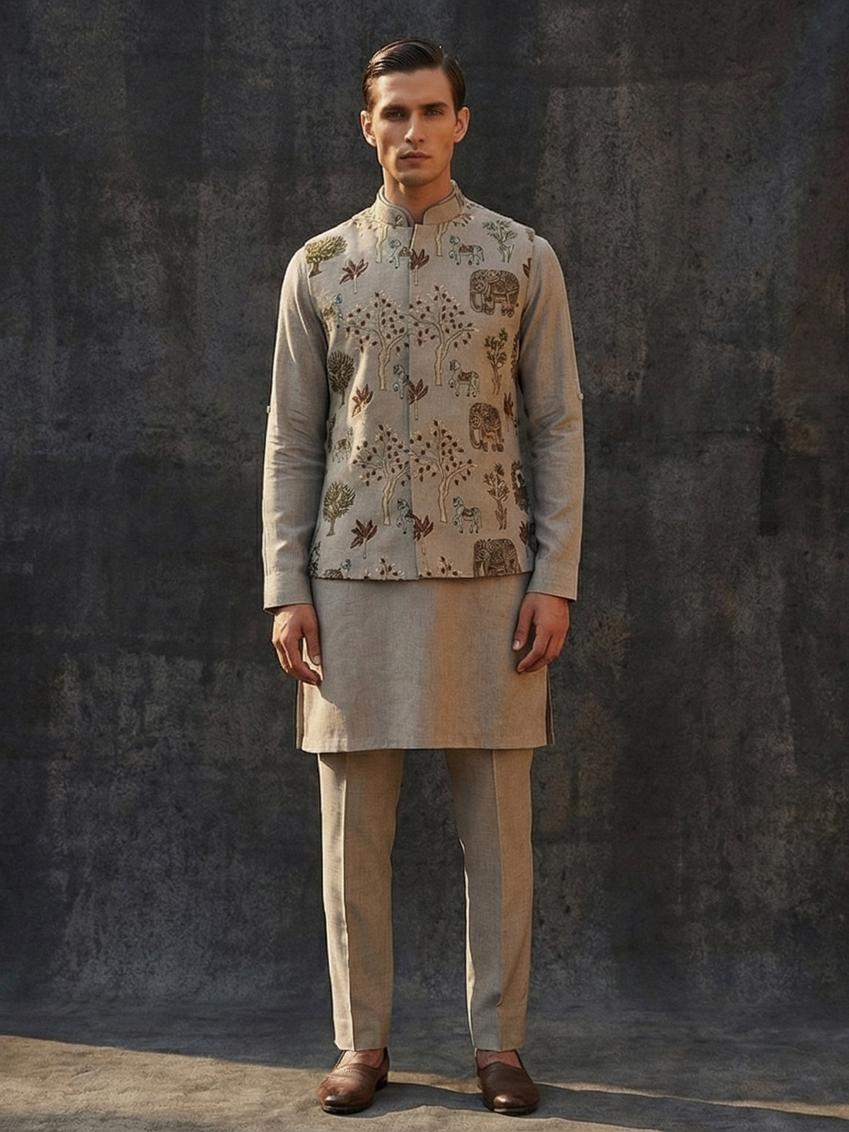 Grey cotton embroidered chinese collar waistcoat set