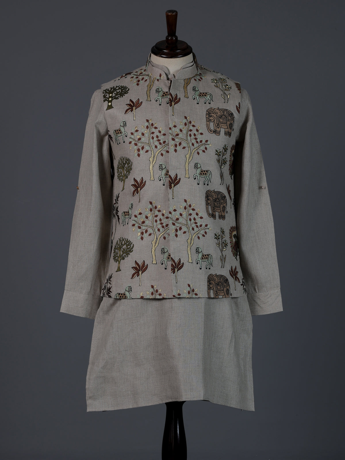 Grey cotton embroidered chinese collar waistcoat set