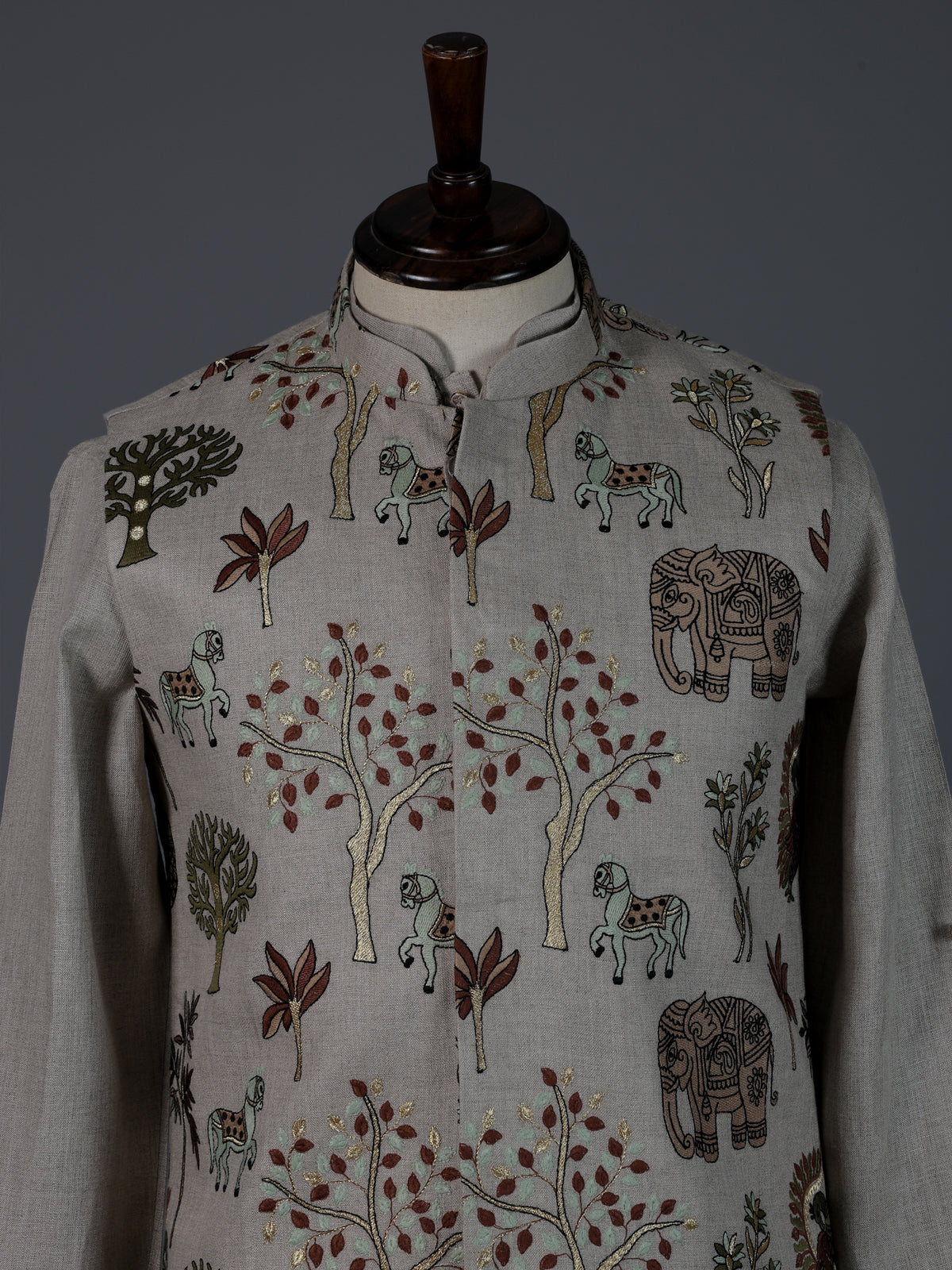 Grey cotton embroidered chinese collar waistcoat set