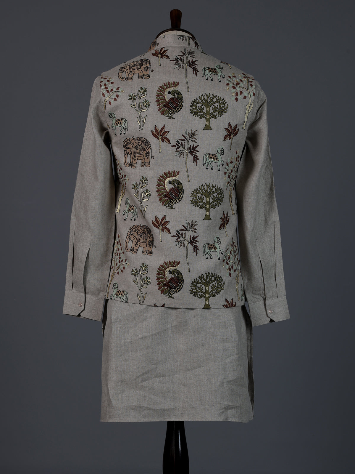 Grey cotton embroidered chinese collar waistcoat set