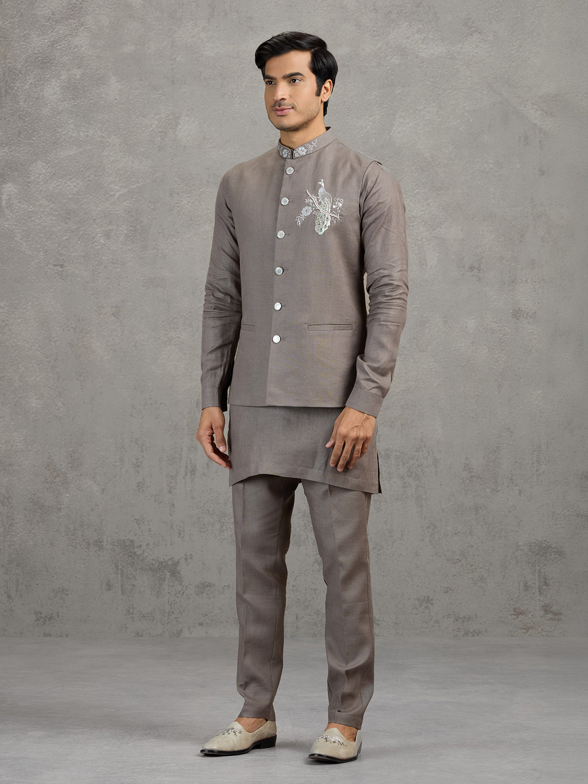 Cement grey linen waistcoat set for men