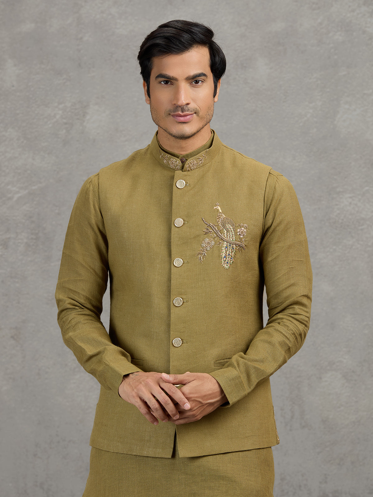 Mehendi green textured linen waistcoat set