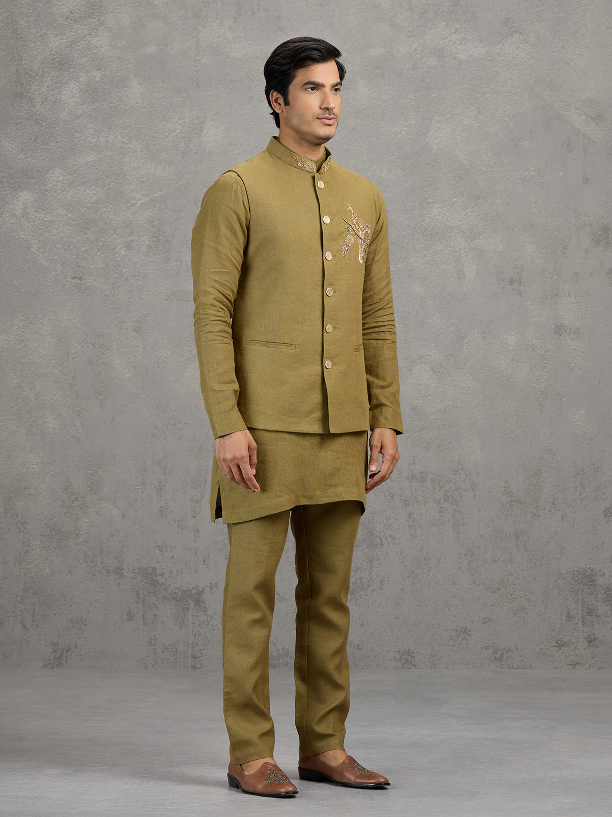 Mehendi green textured linen waistcoat set